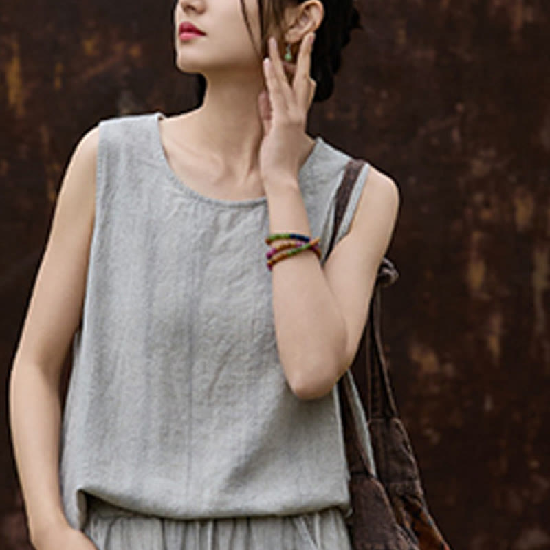 Buddha Stones Summer Tie-dye Linen Crew Neck Sleeveless Women's Vest