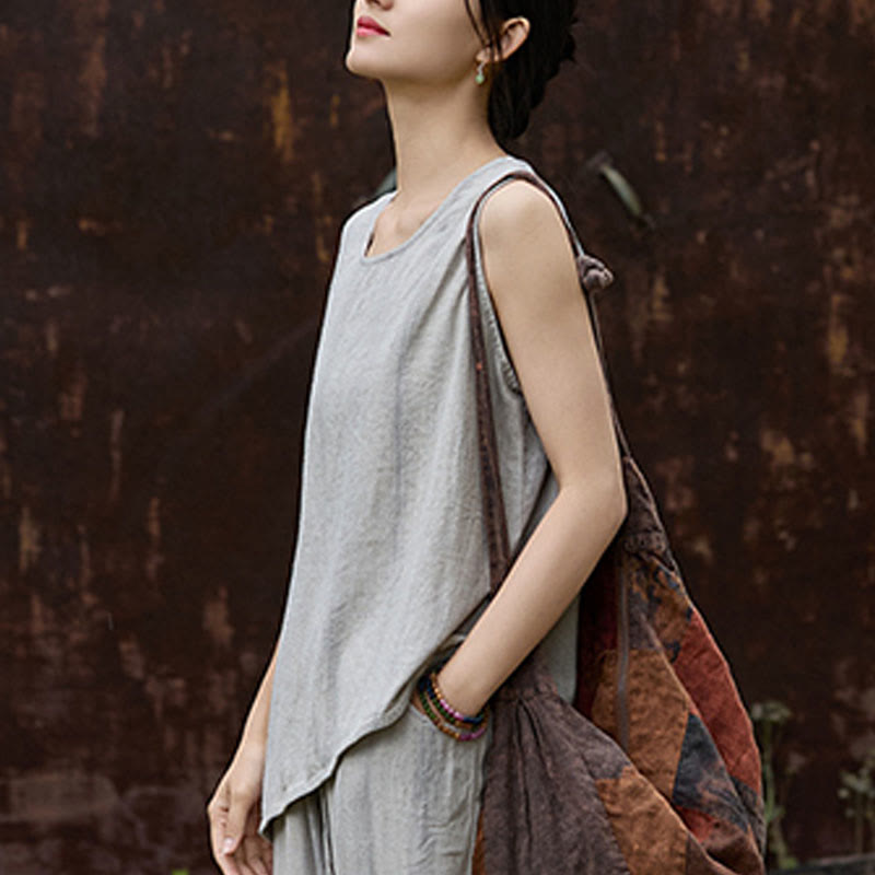 Buddha Stones Summer Tie-dye Linen Crew Neck Sleeveless Women's Vest