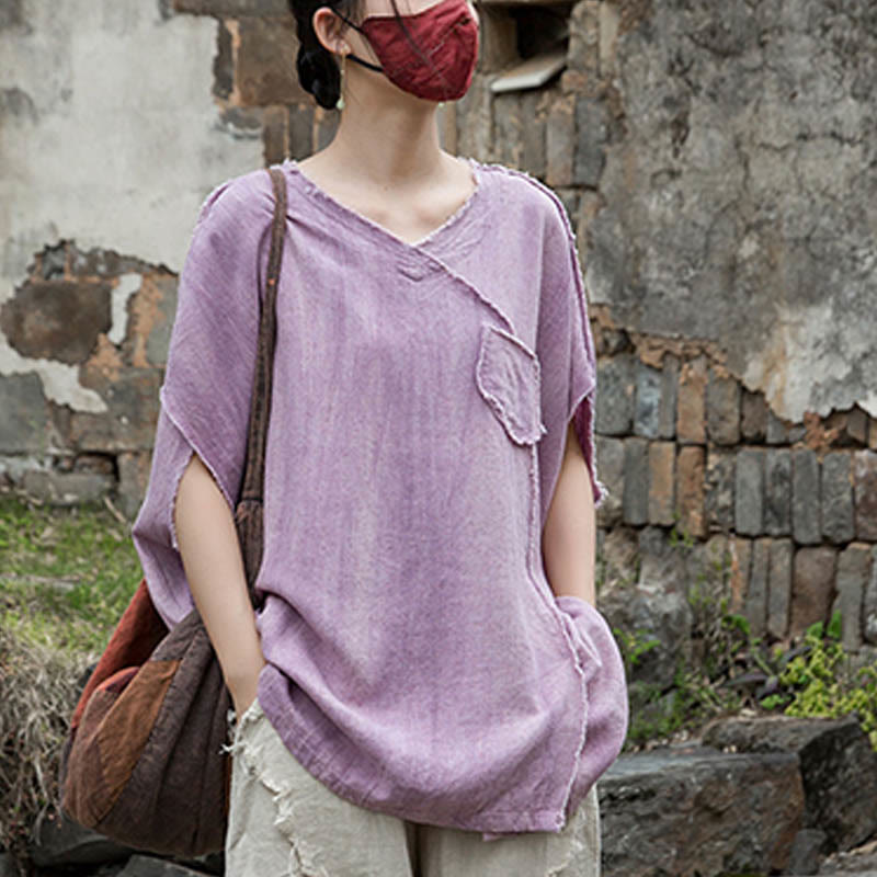 Buddha Stones Summer Tie-dye Linen V-Neck Short Sleeve Women's T-shirts