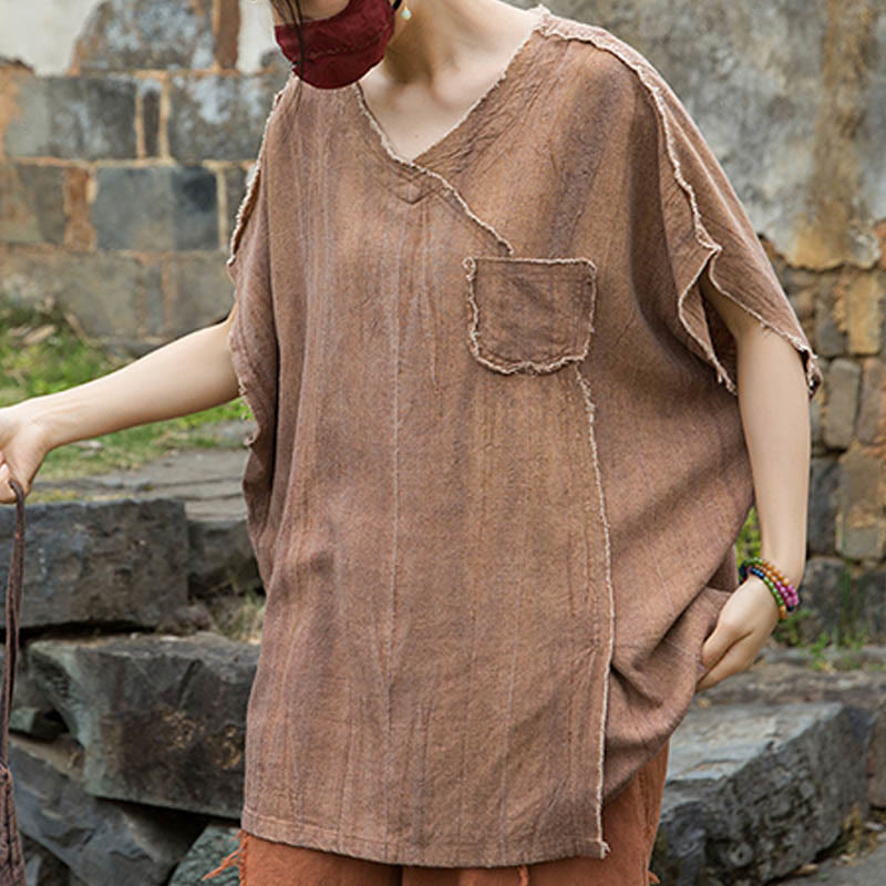 Buddha Stones Summer Tie-dye Linen V-Neck Short Sleeve Women's T-shirts