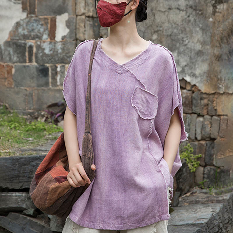 Buddha Stones Summer Tie-dye Linen V-Neck Short Sleeve Women's T-shirts