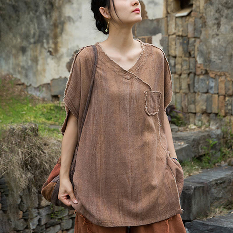 Buddha Stones Summer Tie-dye Linen V-Neck Short Sleeve Women's T-shirts