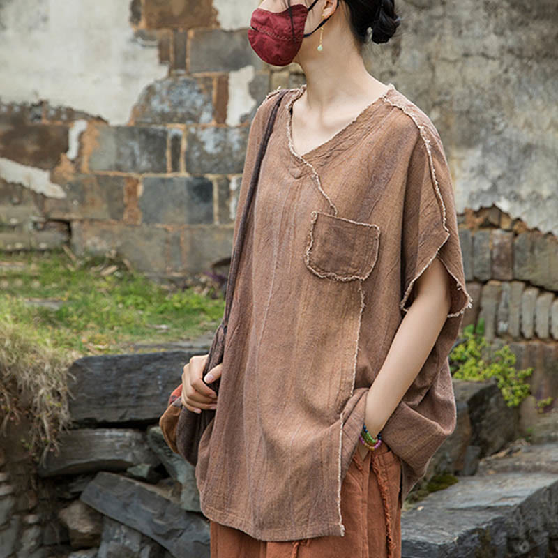 Buddha Stones Summer Tie-dye Linen V-Neck Short Sleeve Women's T-shirts