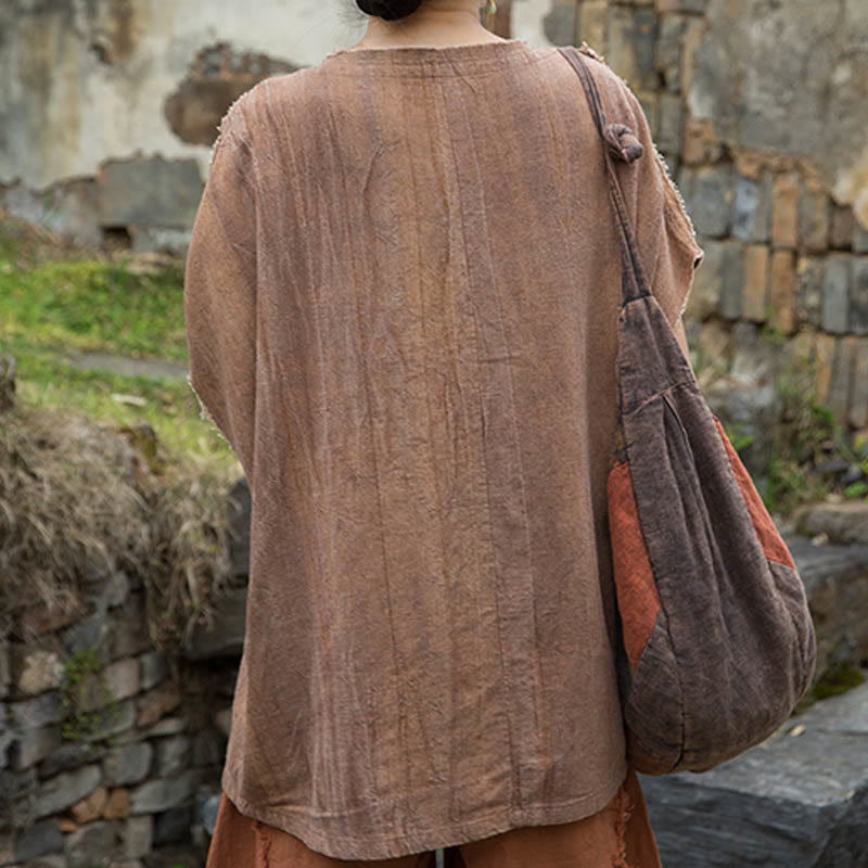 Buddha Stones Summer Tie-dye Linen V-Neck Short Sleeve Women's T-shirts