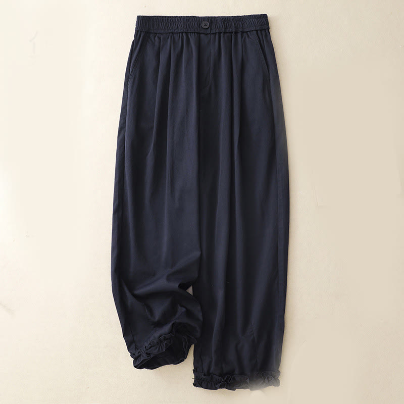 Buddha Stones Summer Button Ruffled Ankle-Length Women's Pants With Pockets