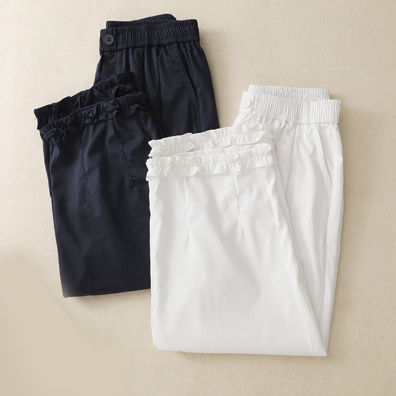 Buddha Stones Summer Button Ruffled Ankle-Length Women's Pants With Pockets