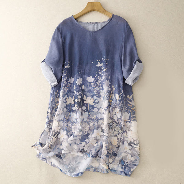 Buddha Stones White Flowers Crew Neck Cotton Half Sleeve Women's Shirt