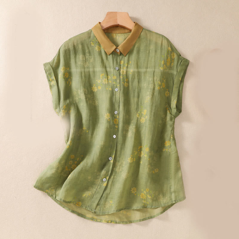 Buddha Stones Small Yellow Flower Leaves Buttons Short Sleeve Women's Shirt