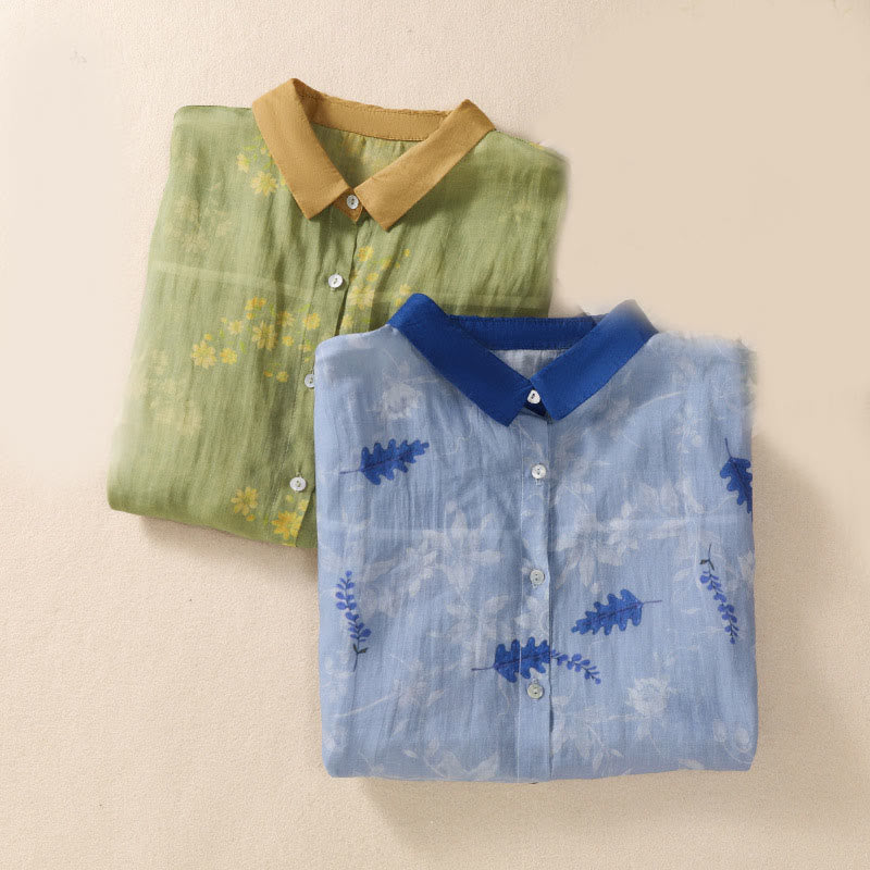 Buddha Stones Small Yellow Flower Leaves Buttons Short Sleeve Women's Shirt