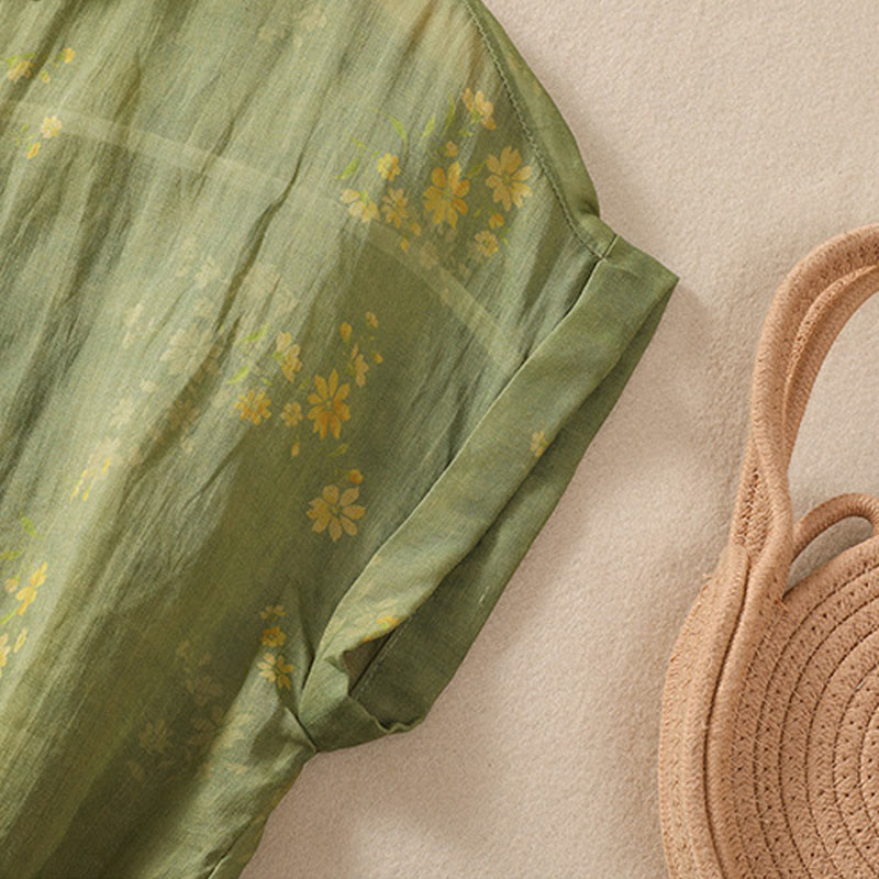 Buddha Stones Small Yellow Flower Leaves Buttons Short Sleeve Women's Shirt