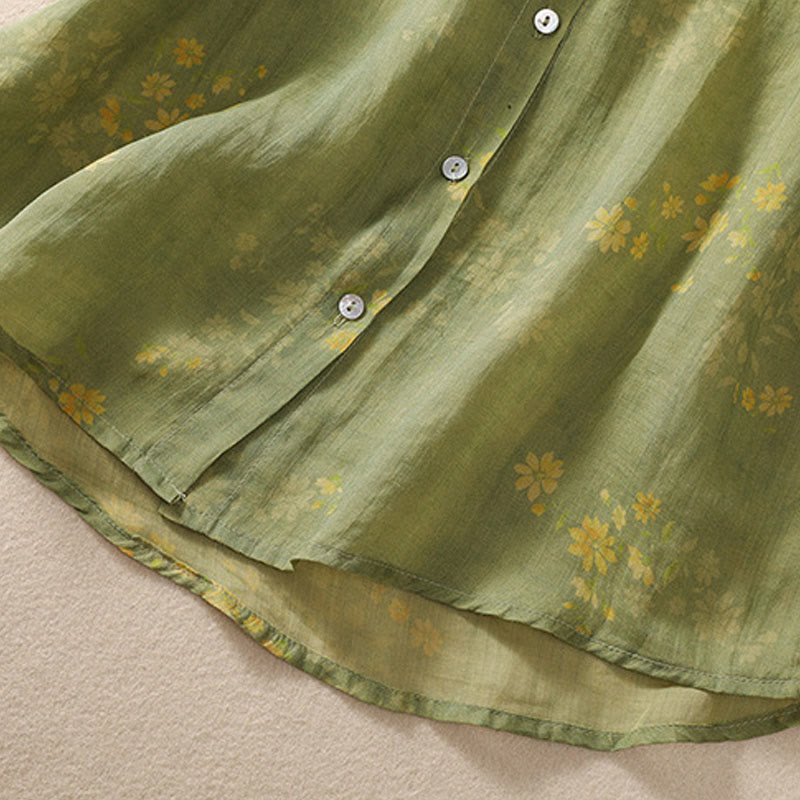 Buddha Stones Small Yellow Flower Leaves Buttons Short Sleeve Women's Shirt