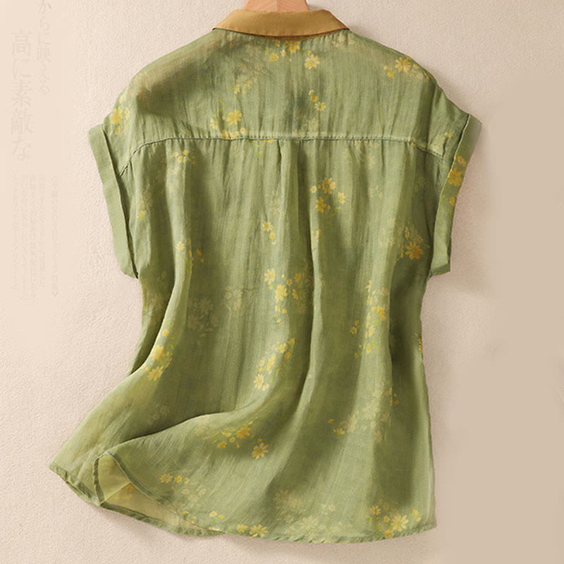 Buddha Stones Small Yellow Flower Leaves Buttons Short Sleeve Women's Shirt
