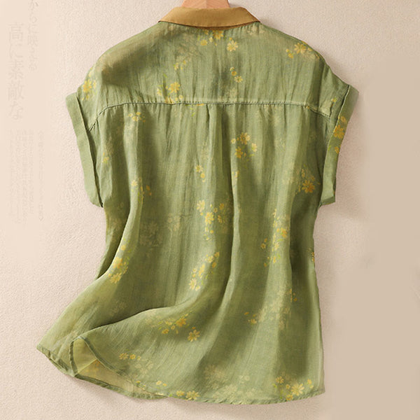 Buddha Stones Small Yellow Flower Leaves Buttons Short Sleeve Women's Shirt