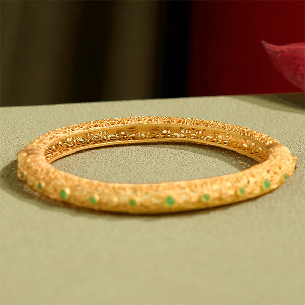 Buddha Stones Hollow Filigree Design Copper Plated Gold Wealth Bracelet Bangle