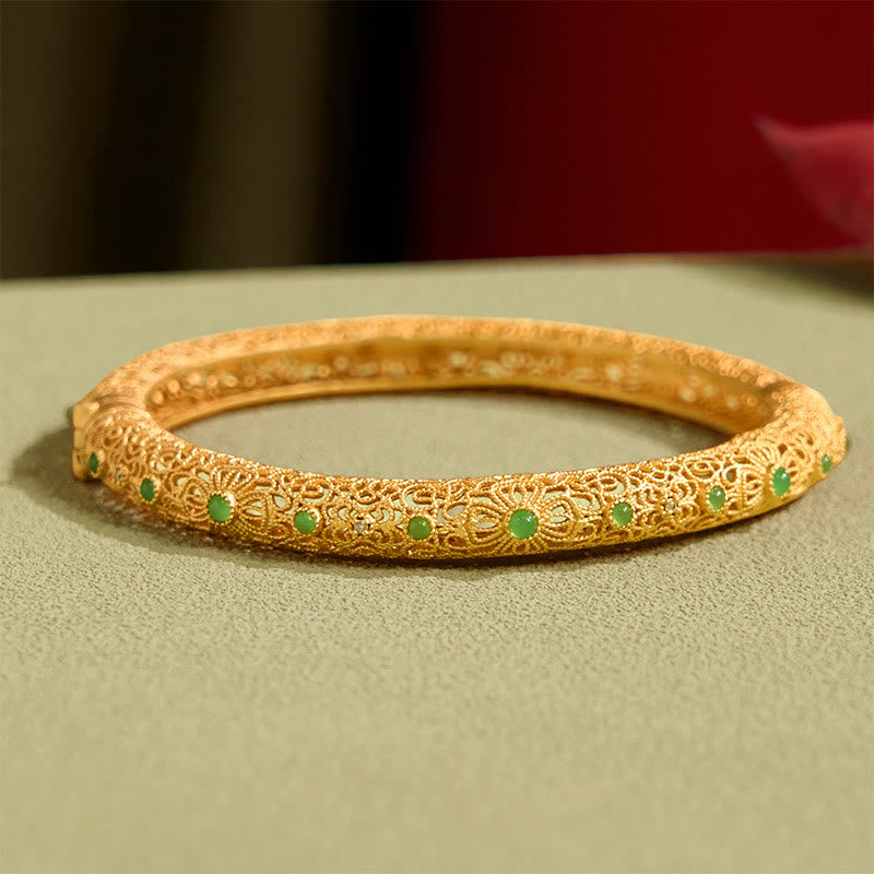 Buddha Stones Hollow Filigree Design Copper Plated Gold Wealth Bracelet Bangle