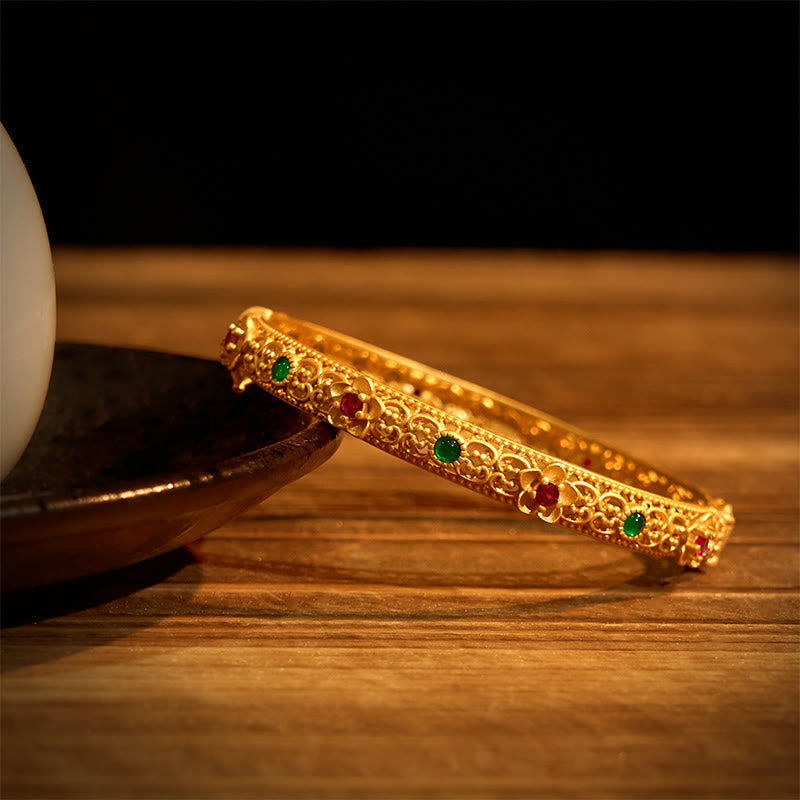 Buddha Stones Hollow Design Copper Plated Gold Flower Luck Bracelet Bangle