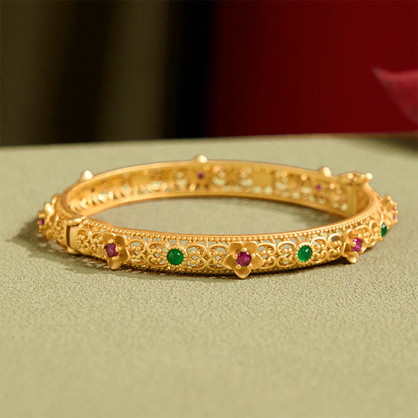 Buddha Stones Hollow Design Copper Plated Gold Flower Luck Bracelet Bangle