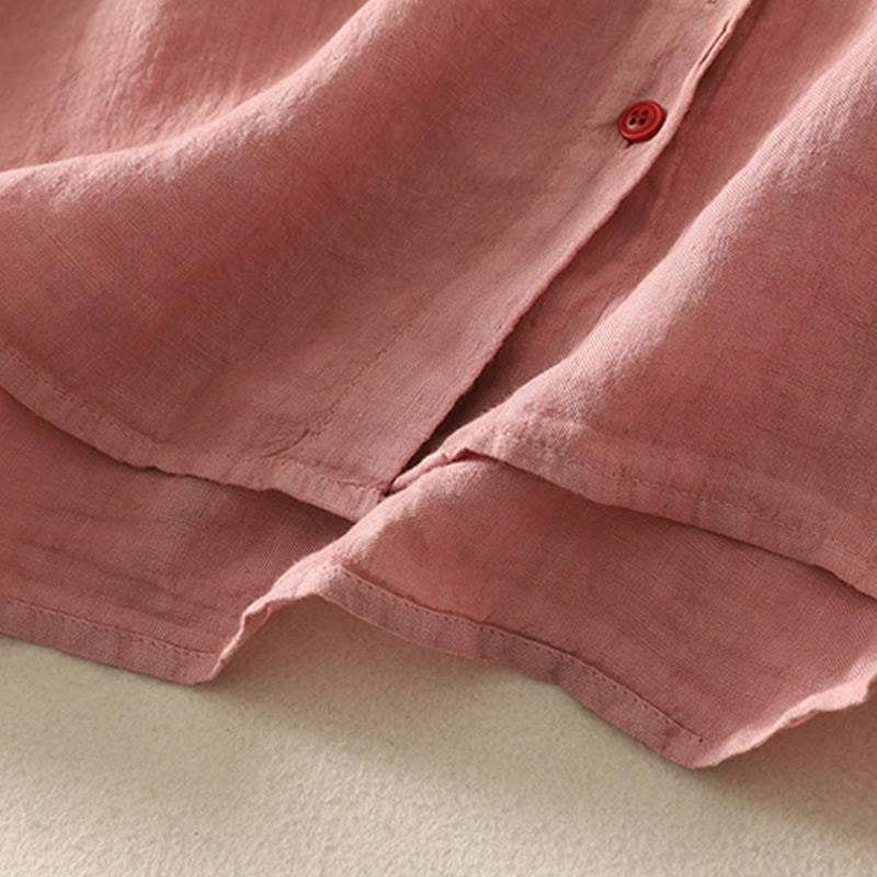 Buddha Stones Summer Plain Red Buttons Short Sleeve Women's Cotton Linen Shirt