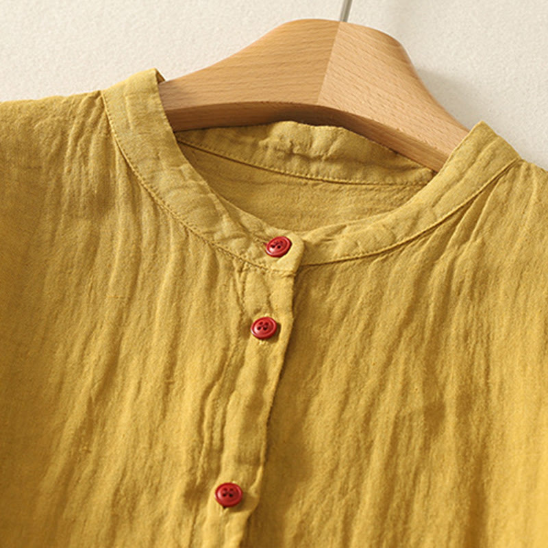 Buddha Stones Summer Plain Red Buttons Short Sleeve Women's Cotton Linen Shirt