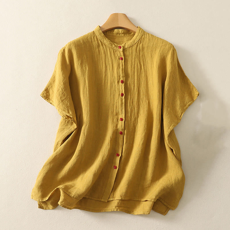 Buddha Stones Summer Plain Red Buttons Short Sleeve Women's Cotton Linen Shirt