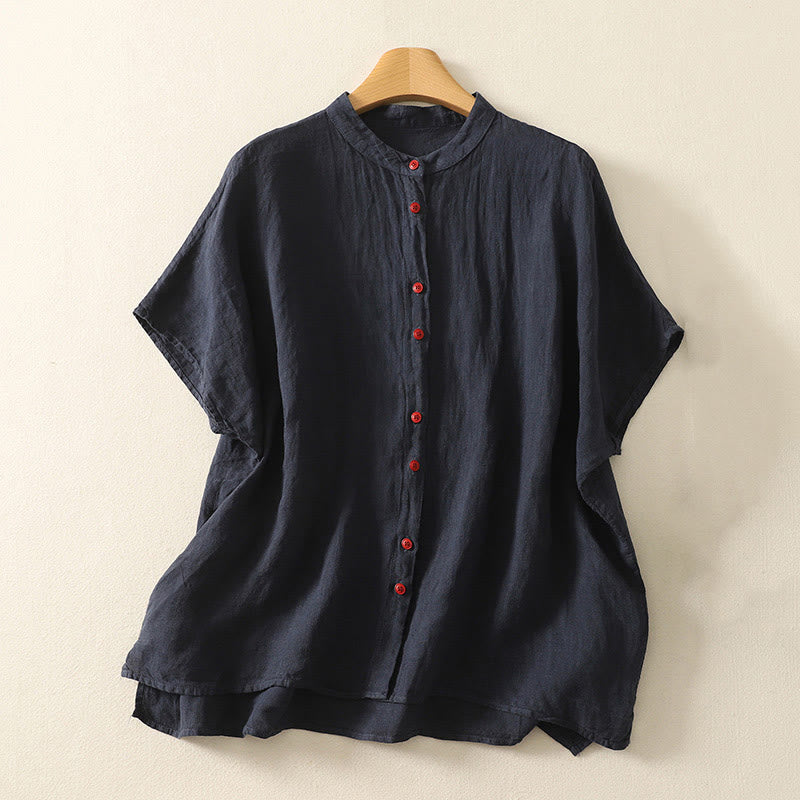 Buddha Stones Summer Plain Red Buttons Short Sleeve Women's Cotton Linen Shirt