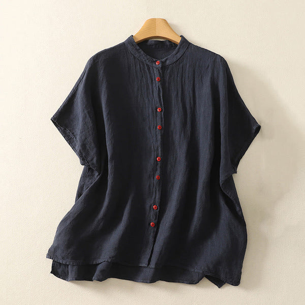 Buddha Stones Summer Plain Red Buttons Short Sleeve Women's Cotton Linen Shirt