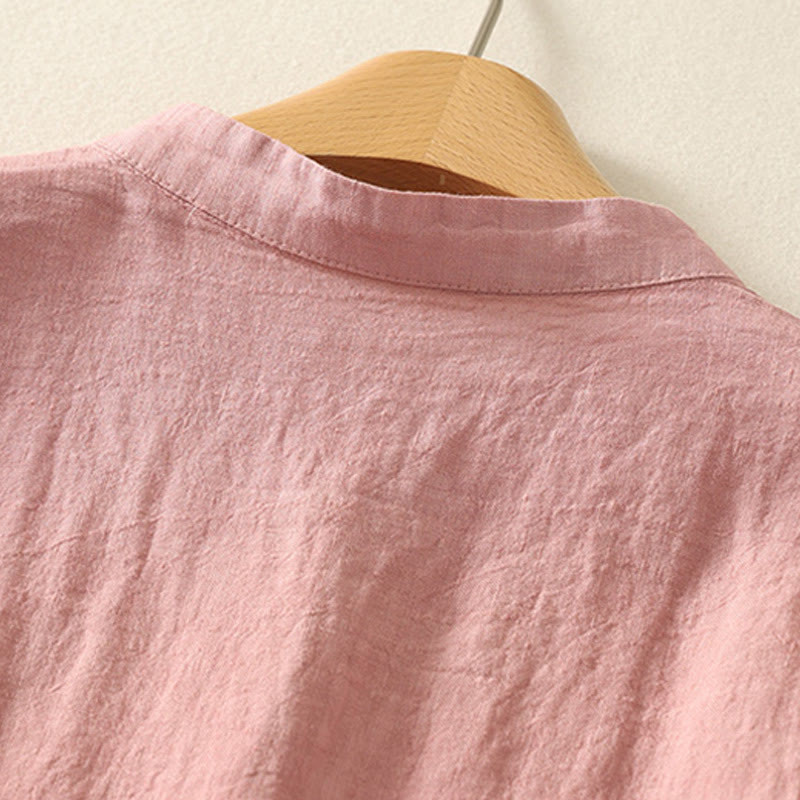 Buddha Stones Summer Plain Red Buttons Short Sleeve Women's Cotton Linen Shirt