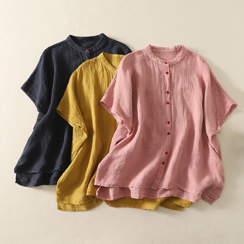 Buddha Stones Summer Plain Red Buttons Short Sleeve Women's Cotton Linen Shirt