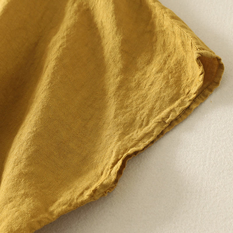 Buddha Stones Summer Plain Red Buttons Short Sleeve Women's Cotton Linen Shirt