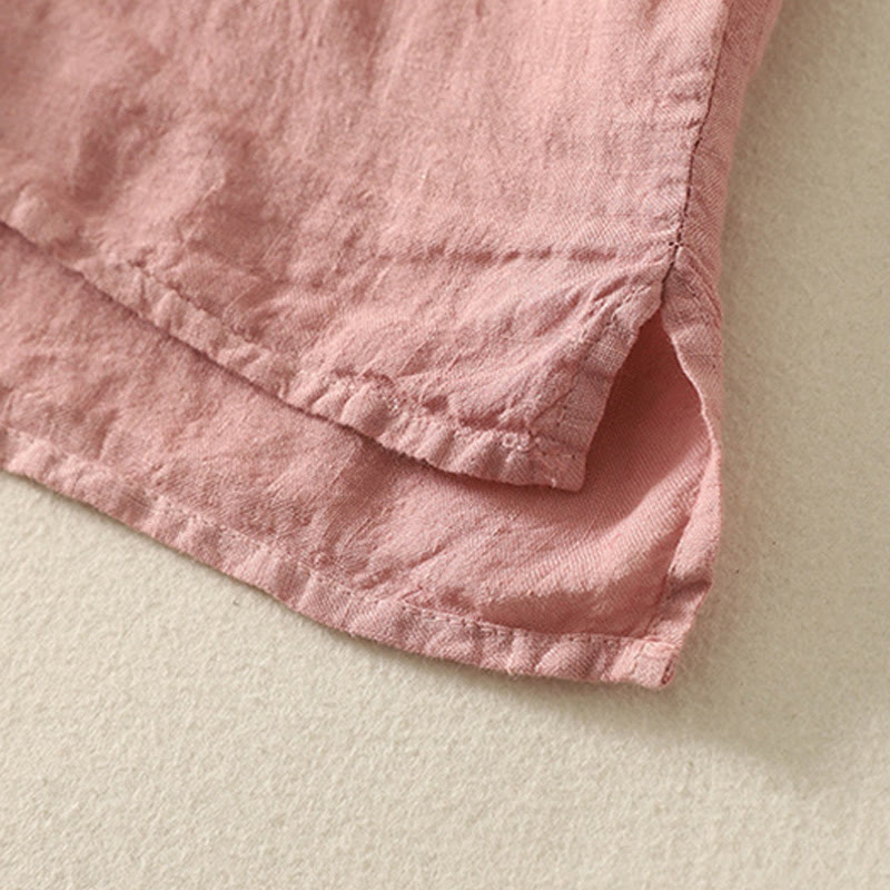 Buddha Stones Summer Plain Red Buttons Short Sleeve Women's Cotton Linen Shirt