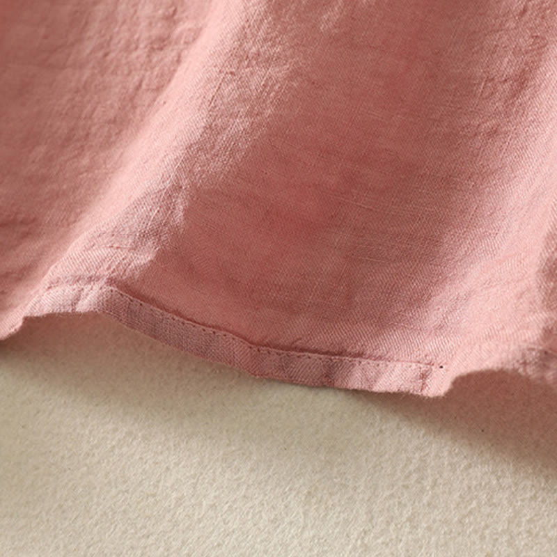 Buddha Stones Summer Plain Red Buttons Short Sleeve Women's Cotton Linen Shirt