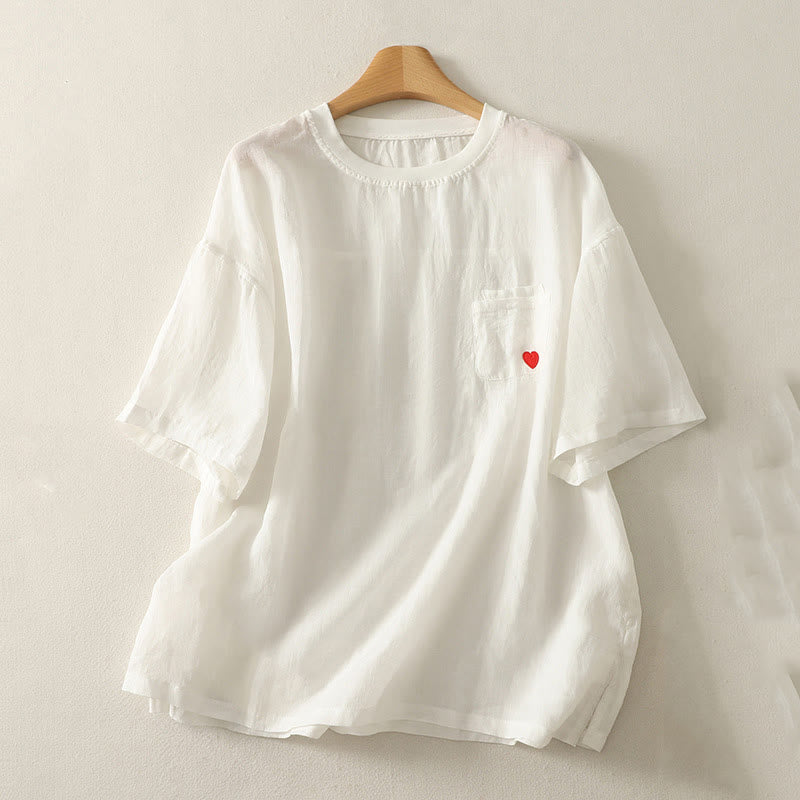 Buddha Stones Casual Embroidery Red Heart Short Sleeve Women's Cotton Linen T-Shirt