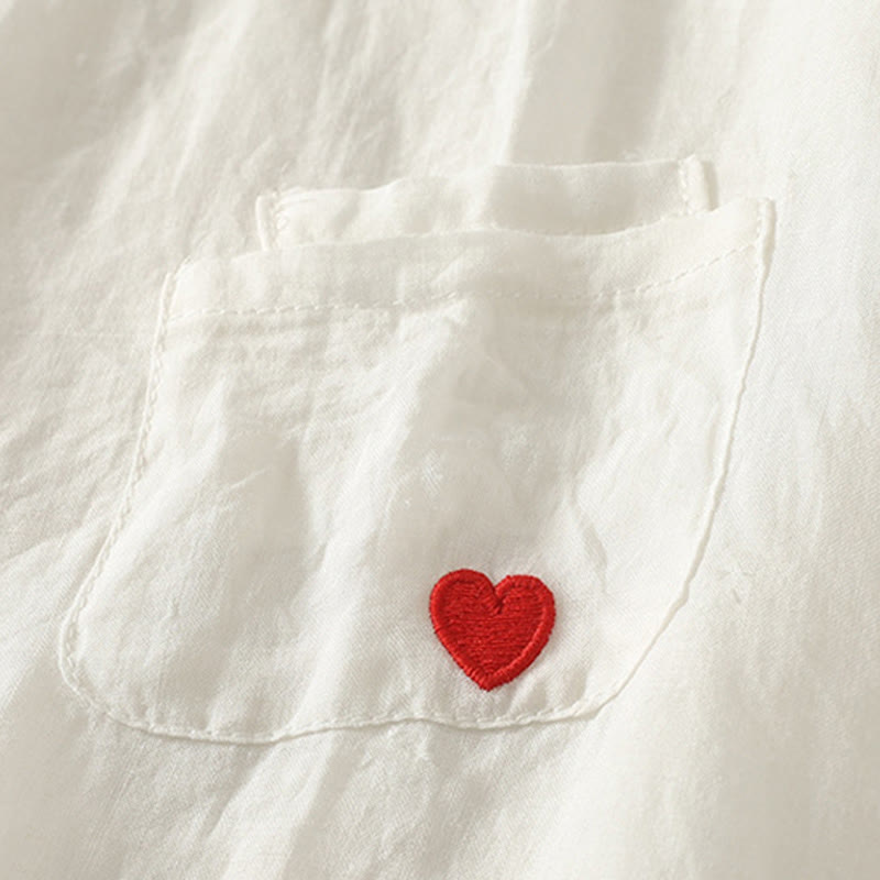 Buddha Stones Casual Embroidery Red Heart Short Sleeve Women's Cotton Linen T-Shirt