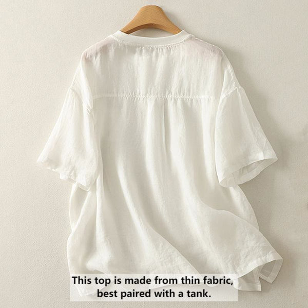 Buddha Stones Casual Embroidery Red Heart Short Sleeve Women's Cotton Linen T-Shirt