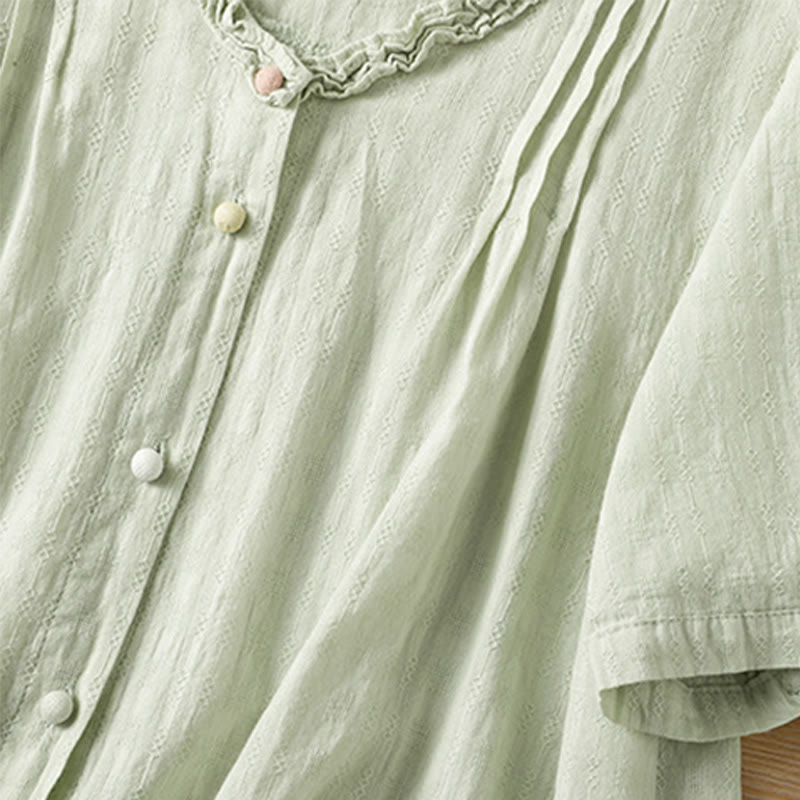 Buddha Stones Jacquard Pleated Ruffled Trim Design V-Neck Short Sleeve Women's Shirt