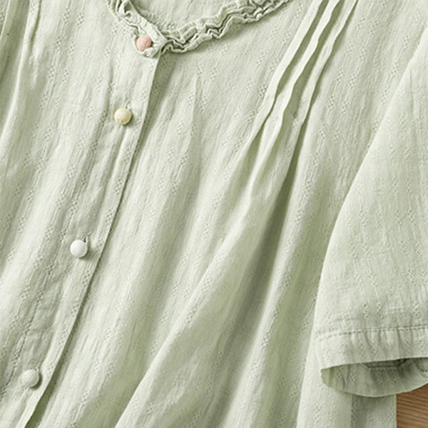 Buddha Stones Jacquard Pleated Ruffled Trim Design V-Neck Short Sleeve Women's Shirt