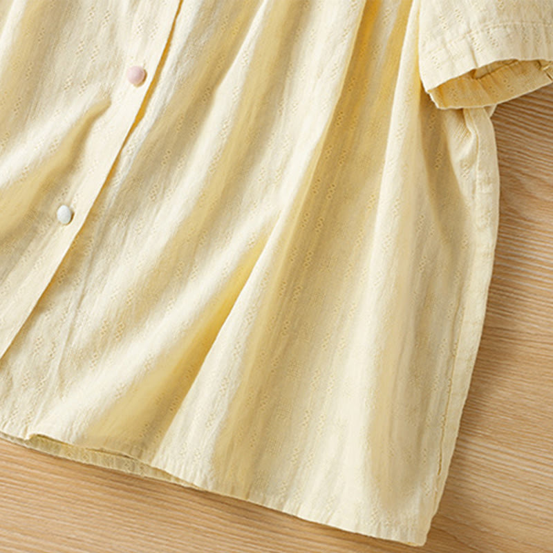 Buddha Stones Jacquard Pleated Ruffled Trim Design V-Neck Short Sleeve Women's Shirt