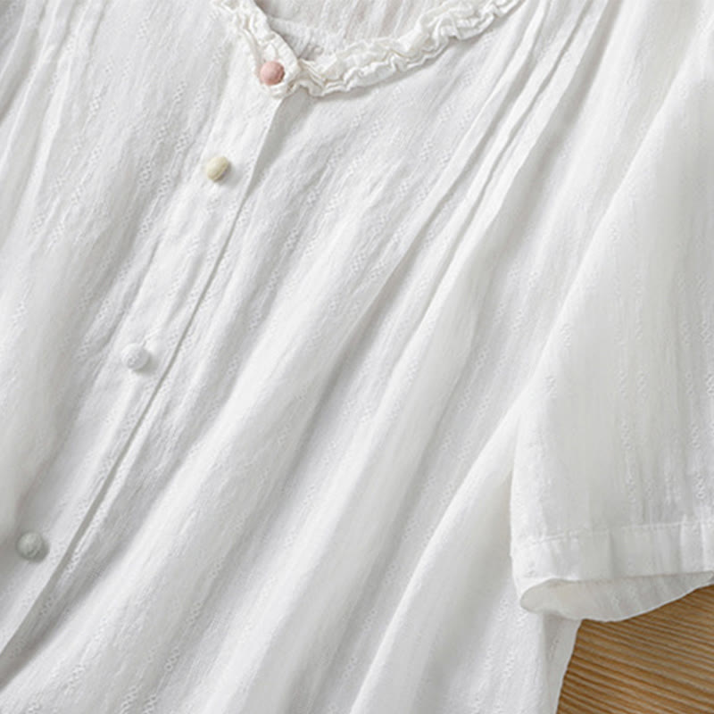 Buddha Stones Jacquard Pleated Ruffled Trim Design V-Neck Short Sleeve Women's Shirt