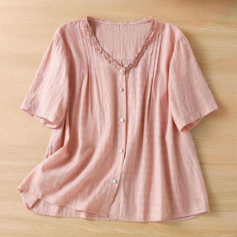 Buddha Stones Jacquard Pleated Ruffled Trim Design V-Neck Short Sleeve Women's Shirt