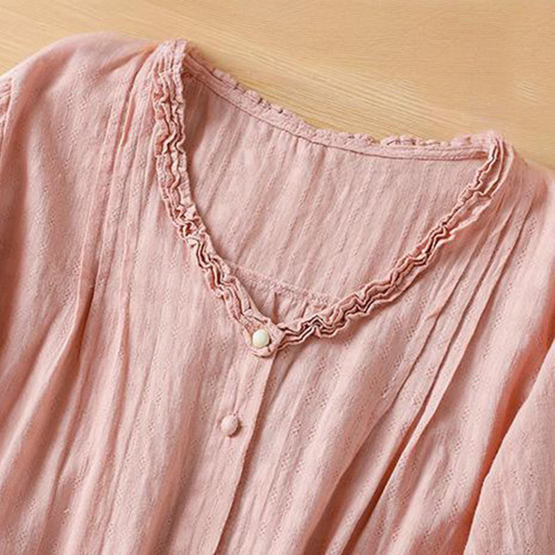 Buddha Stones Jacquard Pleated Ruffled Trim Design V-Neck Short Sleeve Women's Shirt