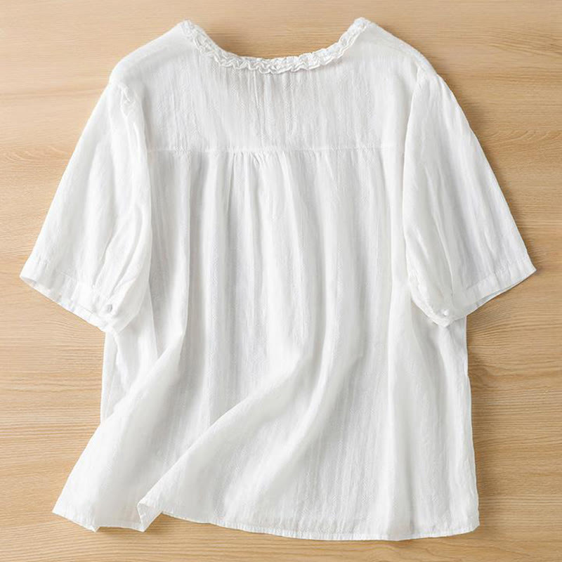 Buddha Stones Jacquard Pleated Ruffled Trim Design V-Neck Short Sleeve Women's Shirt