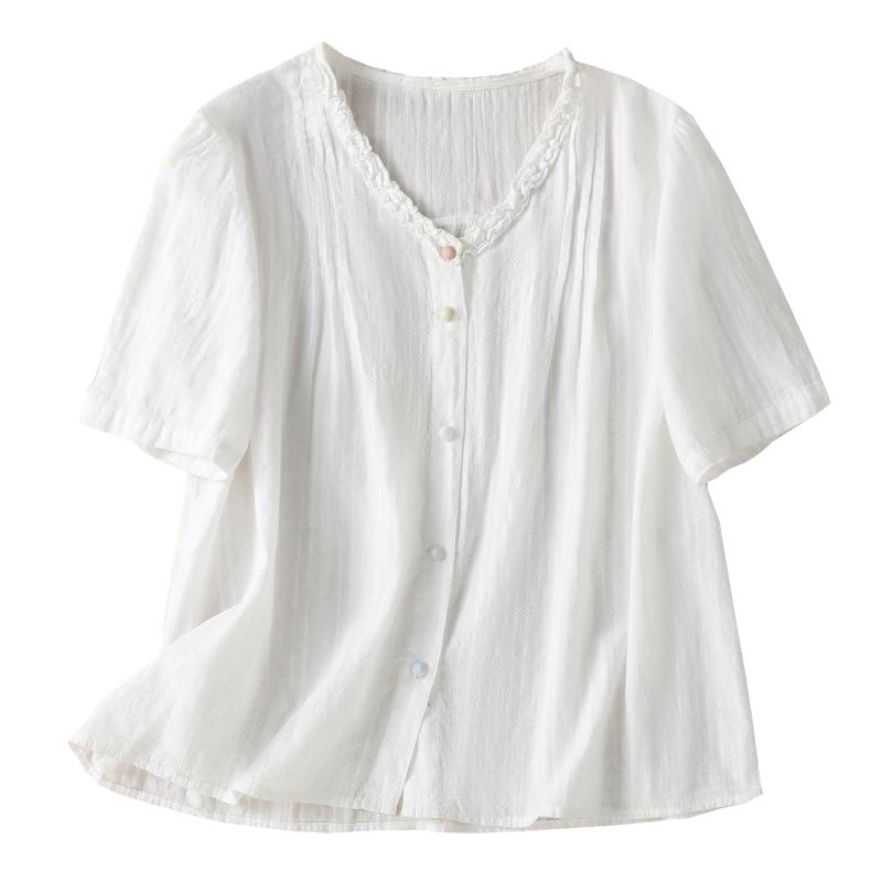 Buddha Stones Jacquard Pleated Ruffled Trim Design V-Neck Short Sleeve Women's Shirt