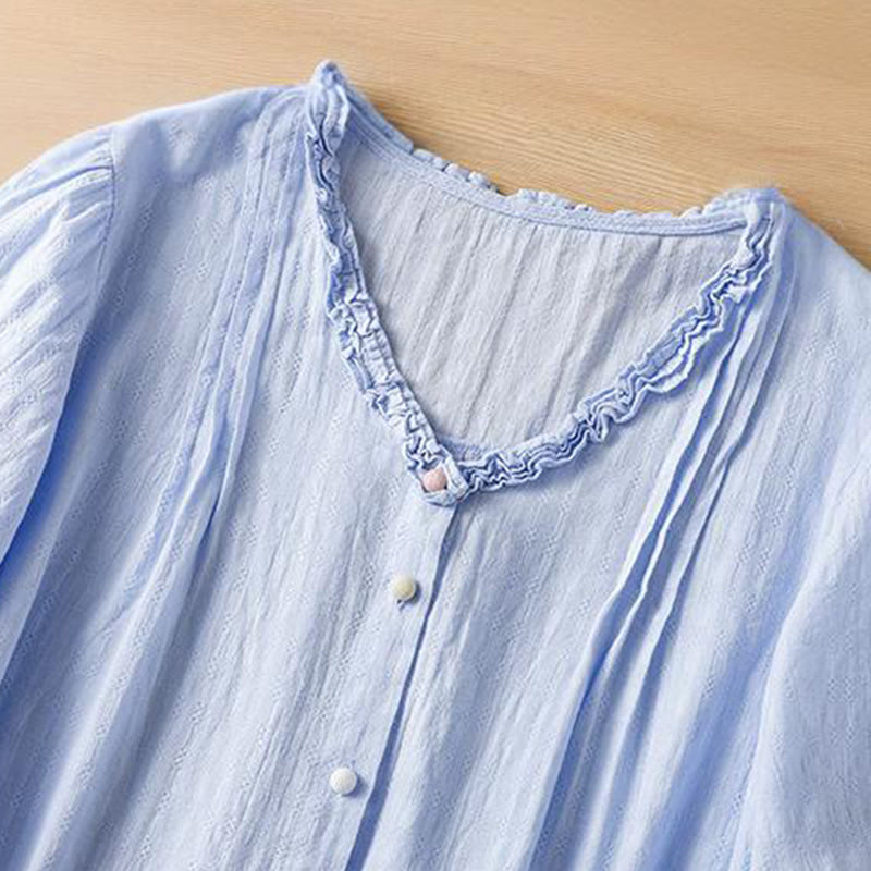 Buddha Stones Jacquard Pleated Ruffled Trim Design V-Neck Short Sleeve Women's Shirt