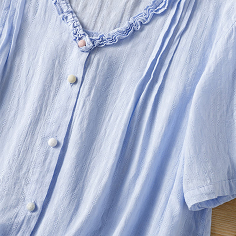 Buddha Stones Jacquard Pleated Ruffled Trim Design V-Neck Short Sleeve Women's Shirt