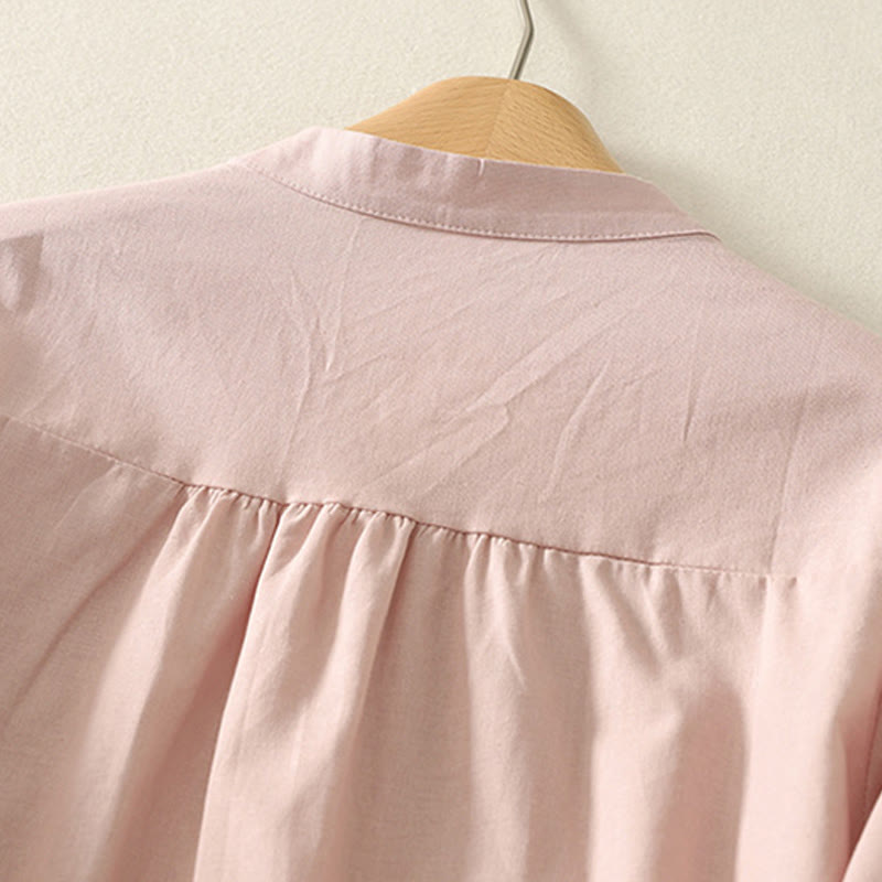 Buddha Stones Casual Daily Printing Lily Pattern Half Puff Sleeve Women's Cotton Linen Shirt