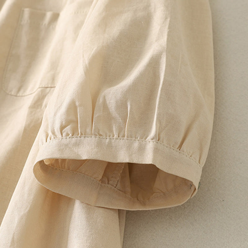 Buddha Stones Casual Daily Printing Lily Pattern Half Puff Sleeve Women's Cotton Linen Shirt