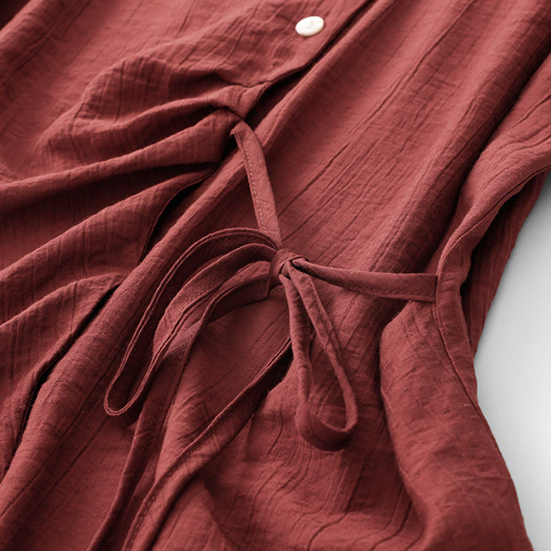 Buddha Stones Casual Plain Asymmetrical Lace-Up Design Puff Short Sleeve Women's Cotton Shirt