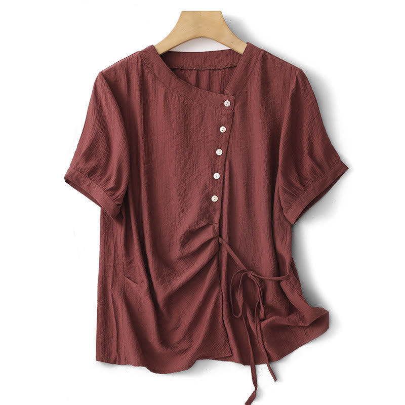 Buddha Stones Casual Plain Asymmetrical Lace-Up Design Puff Short Sleeve Women's Cotton Shirt