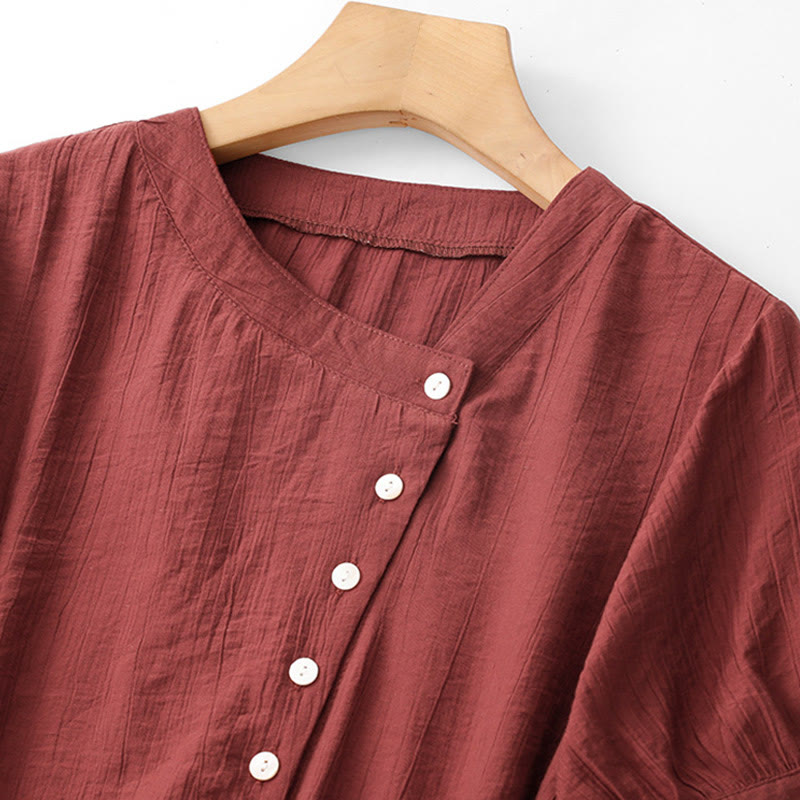 Buddha Stones Casual Plain Asymmetrical Lace-Up Design Puff Short Sleeve Women's Cotton Shirt