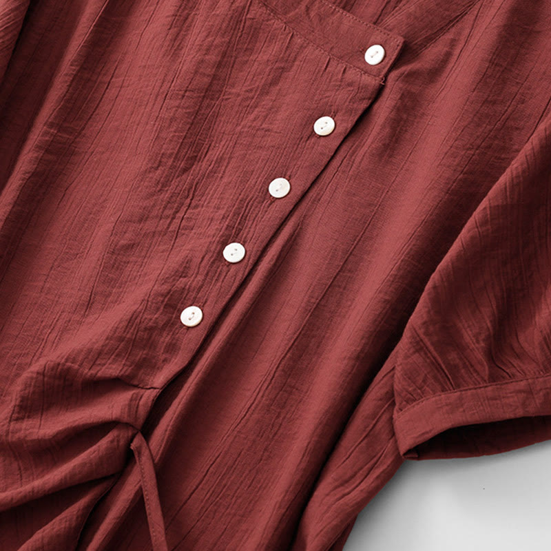Buddha Stones Casual Plain Asymmetrical Lace-Up Design Puff Short Sleeve Women's Cotton Shirt
